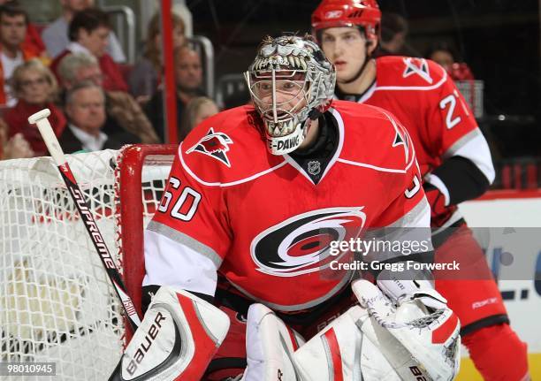 Justin Peters of the Carolina Hurricanes crouches in the crease and keeps his eye on the puck during a NHL game against the Phoenix Coyotes on March...