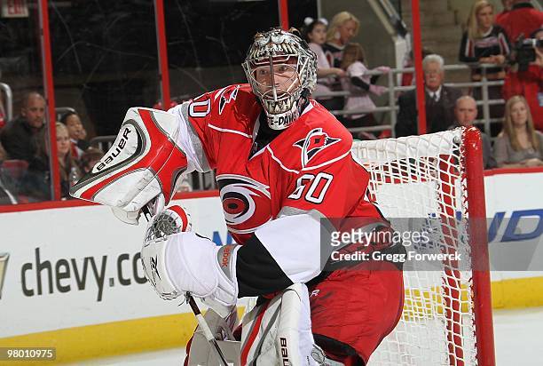 Justin Peters of the Carolina Hurricanes attempts to play the puck behind the net during a NHL game against the Phoenix Coyotes on March 13, 2010 at...