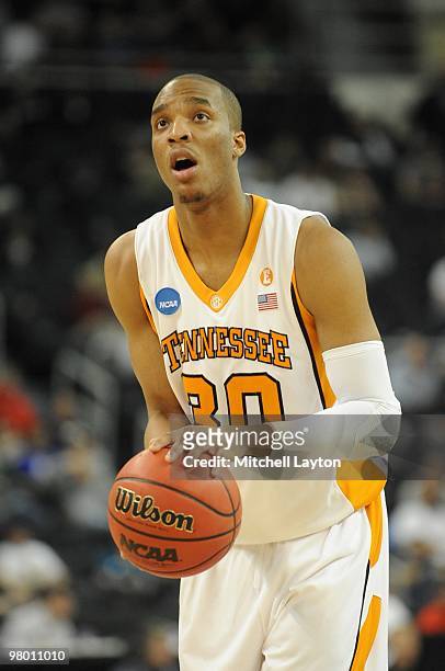 Prince of the Tennessee Volunteers takes a foul during the first round of NCAA Men's Basketball Championship against the san Diego State Aztecs on...
