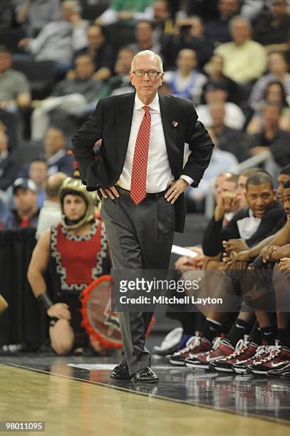 Steve Fisher, head coach of the San Diego State Aztecs, looks on during the first round of NCAA Men's Basketball Championship against the Tennessee...