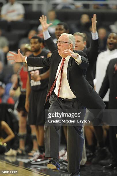 Steve Fisher, head coach of the San Diego State Aztecs, reacts to shot during the first round of NCAA Men's Basketball Championship against the...