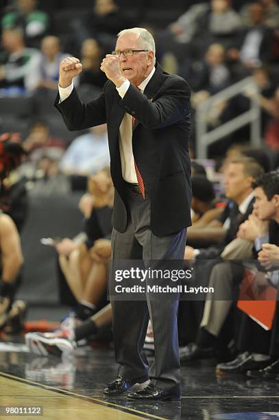 Steve Fisher, head coach of the San Diego State Aztecs, looks on during the first round of NCAA Men's Basketball Championship against the Tennessee...