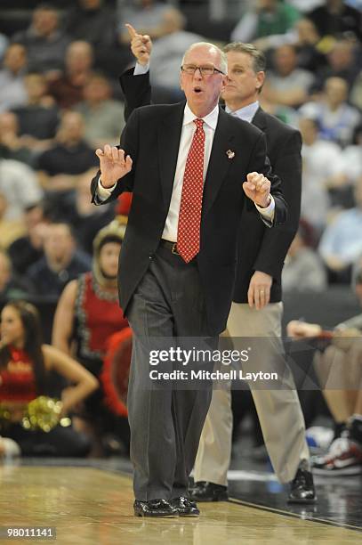Steve Fisher, head coach of the San Diego State Aztecs, looks on during the first round of NCAA Men's Basketball Championship against the Tennessee...