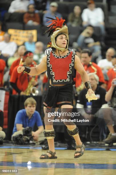 The San Diego State Aztecs mascot looks on during the first round of NCAA Men's Basketball Championship against the Tennessee Volunteers on March 18,...