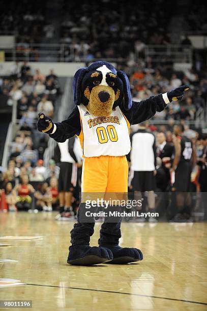 The Tennessee Volunteers mascot looks on during the first round of NCAA Men's Basketball Championship against the san Diego State Aztecs on March 18,...
