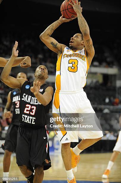 Bobby Maze of the Tennessee Volunteers takes a jump shot during the first round of NCAA Men's Basketball Championship against the san Diego State...