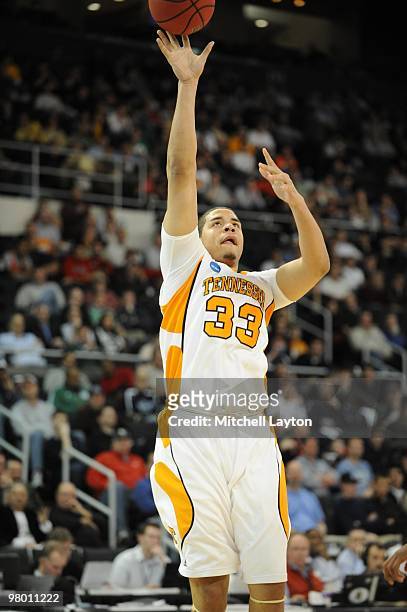Brian Williams of the Tennessee Volunteers takes a shot during the first round of NCAA Men's Basketball Championship against the san Diego State...
