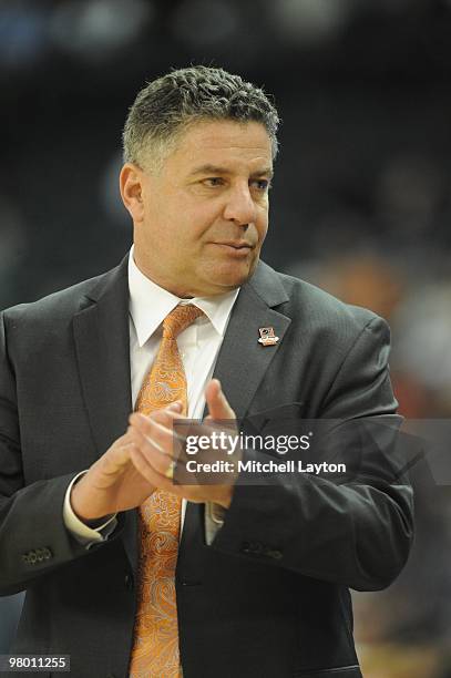 Bruce Pearl, head coach of the Tennessee Volunteers, looks on during the first round of NCAA Men's Basketball Championship against the san Diego...