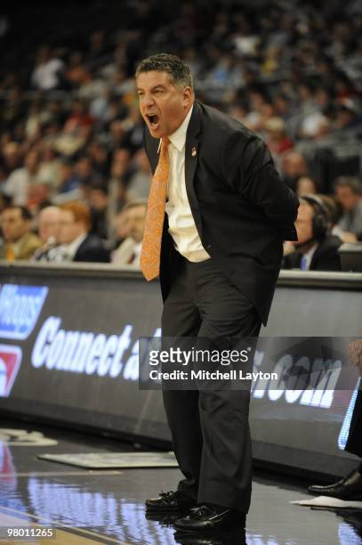 Bruce Pearl, head coach of the Tennessee Volunteers, looks on during the first round of NCAA Men's Basketball Championship against the san Diego...