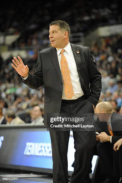 Bruce Pearl, head coach of the Tennessee Volunteers, looks on during the first round of NCAA Men's Basketball Championship against the san Diego...