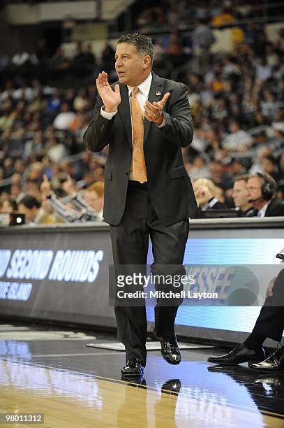 Bruce Pearl, head coach of the Tennessee Volunteers, looks on during the first round of NCAA Men's Basketball Championship against the san Diego...