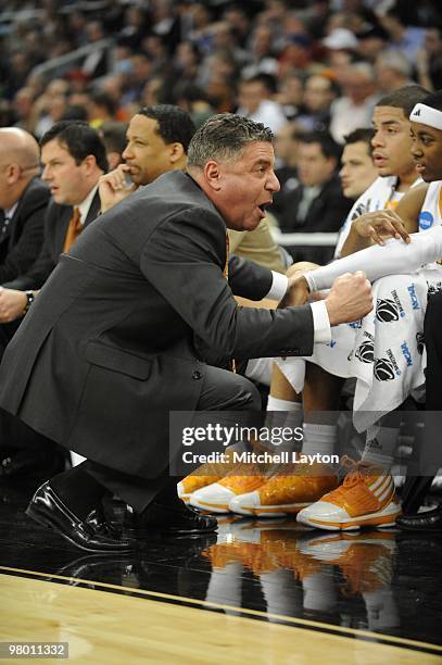 Bruce Pearl, head coach of the Tennessee Volunteers, talks to his players during the first round of NCAA Men's Basketball Championship against the...