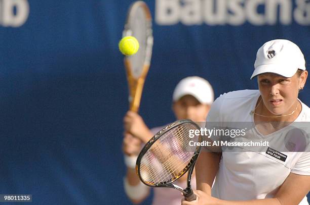 Liezel Huber teams with Sania Mirza in the doubles semi-finals against Virginia Ruano Pascual and Meghann Shaughnessy on April 8, 2006 in the 2006...