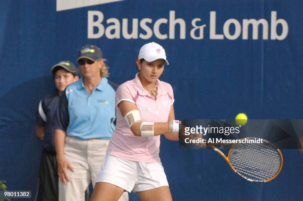 Sania Mirza teams with Liezel Huber in the doubles semi-finals against Virginia Ruano Pascual and Meghann Shaughnessy on April 8, 2006 in the 2006...