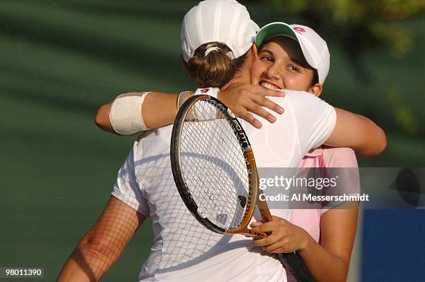Sania Mirza teams with Liezel Huber in the doubles semi-finals against Virginia Ruano Pascual and Meghann Shaughnessy on April 8, 2006 in the 2006...