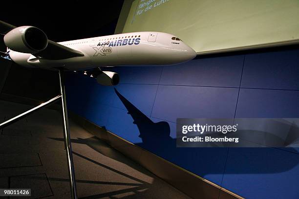 Model of an Airbus A350 jet is displayed at an air travel technology exhibition in Berlin, Germany, on Wednesday, March 24, 2010. A World Trade...