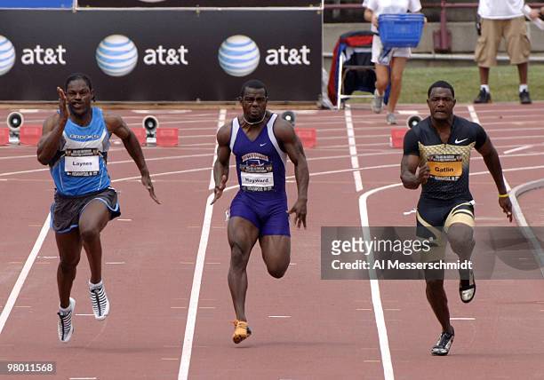 World record holder Justin Gatlin easily wins a qualifying heat in the men's 100-meter dash in 10.02 seconds June 23 at the 2006 AT&T Outdoor Track...