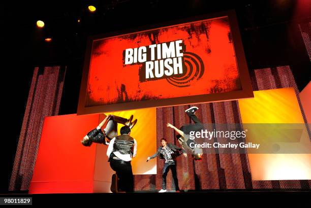 Big Time Rush performs onstage during Nickelodeon LA Upfronts held at The Music Box at the Fonda Hollywood on March 24, 2010 in Los Angeles,...