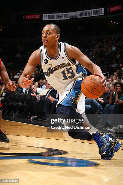 Randy Foye of the Washington Wizards drives against the Houston Rockets during the game on March 9, 2010 at the Verizon Center in Washington, D.C....