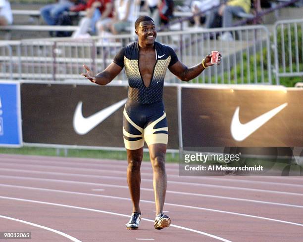 World record holder Justin Gatlin wins the men's 100-meter dash June 23 at the 2006 AT&T Outdoor Track and Field Championships in Indianapolis.