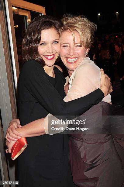Maggie Gyllenhaal and Emma Thompson attend the World Premiere of Nanny McPhee And The Big Bang held at the Odeon West End on March 24, 2010 in...