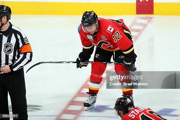 Jarome Iginla of the Calgary Flames skates against the Detroit Red Wings on March 15, 2010 at Pengrowth Saddledome in Calgary, Alberta, Canada. The...