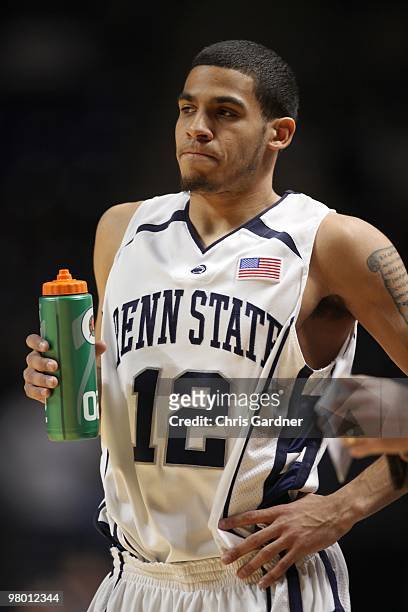 Talor Battle of the Penn State Nittany Lions takes a drink during a time out in their game against the Purdue Boilermakers at the Bryce Jordan Center...