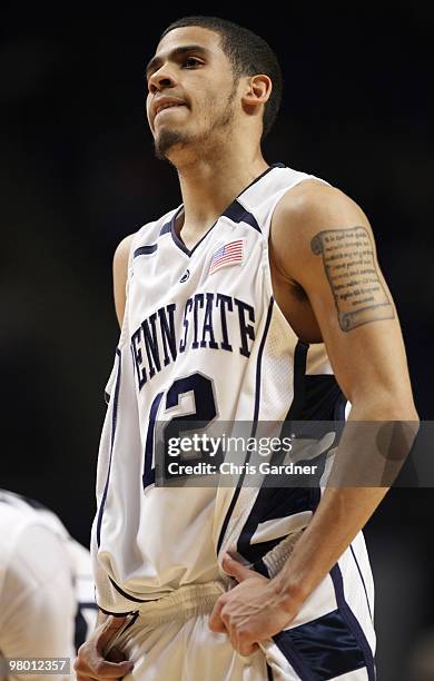 Talor Battle of the Penn State Nittany Lions watches the court during a time out in their game against the Purdue Boilermakers at the Bryce Jordan...