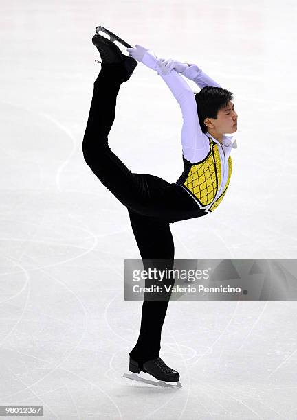 Denis Ten of Kazachstan competes in the Men's Short Program during the 2010 ISU World Figure Skating Championships on March 24, 2010 in Turin, Italy.