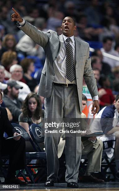 Assistant coach Lewis Preston of the Penn State Nittany Lions coaches against the Purdue Boilermakers at the Bryce Jordan Center March 6, 2010 in...