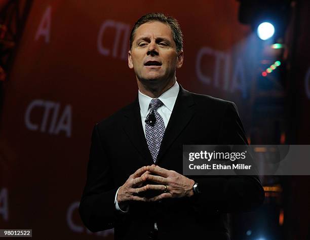 President & CEO of CTIA - The Wireless Association Steve Largent speaks at the International CTIA Wireless 2010 convention at the Las Vegas...