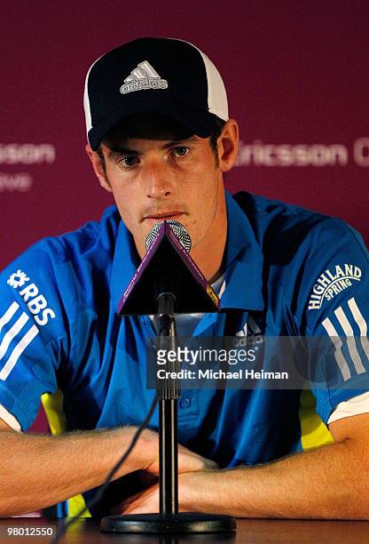 Andy Murray of Great Britain speaks to the media at a press conference during day two of the 2010 Sony Ericsson Open at Crandon Park Tennis Center on...