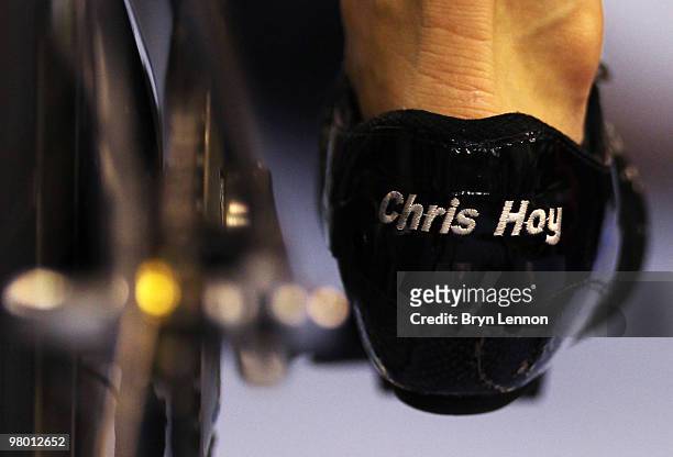 Detail photo of Sir Chris Hoy's shoe as he prepares for Qualifying for Men's Team Sprint on Day One of the UCI Track Cycling World Championships at...