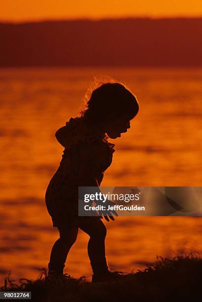 young girl playing on the beach at sunset - jeff goulden stockfoto's en -beelden