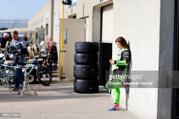 Danica Patrick does a video shoot prior to practice for the Indianapolis 500 race at the Indianapolis Motor Speedway on May 15, 2018 in Indianapolis,...