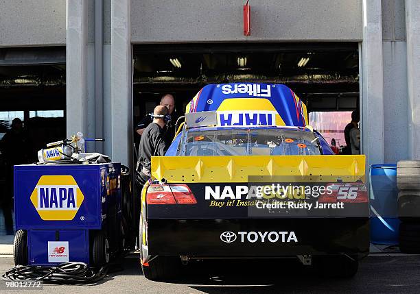 The NAPA Toyota, driven by Martin Truex Jr., is tuned in the garage during NASCAR Sprint Cup Series testing at Charlotte Motor Speedway on March 24,...