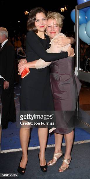Actresses Maggie Gyllenhaal and Emma Thompson attend the world premiere of 'Nanny McPhee And The Big Bang' at Odeon West End on March 24, 2010 in...