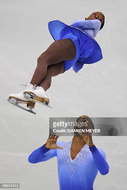 France's Vanessa James and Yannick Bonheur perform during the Pairs free skating competition of the World Figure Skating Championships on March 24,...