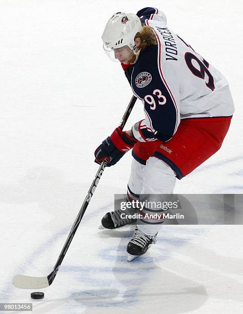 Jakub Voracek of the Columbus Blue Jackets plays the puck against the New Jersey Devils during the game at the Prudential Center on March 23, 2010 in...