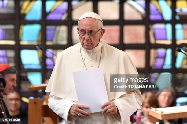 Pope Francis leads a private mass on June 21, 2018 at the World Council of Churches on June 21, 2018 in Geneva during a one day pastoral trip.