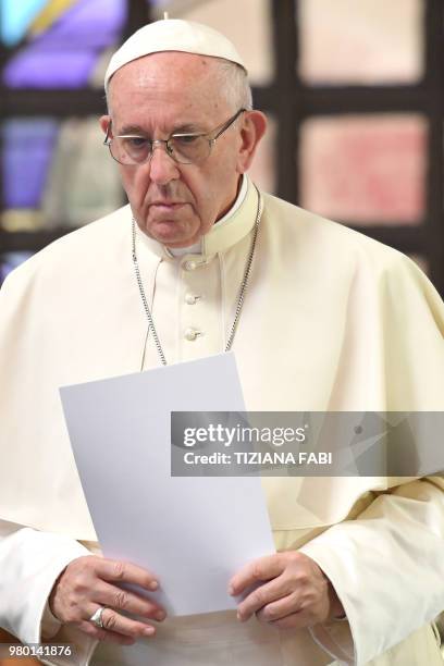 Pope Francis leads a private mass on June 21, 2018 at the World Council of Churches on June 21, 2018 in Geneva during a one day pastoral trip.