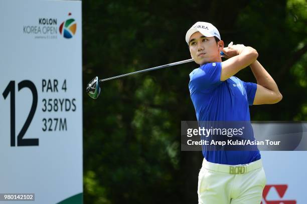 Oh Seungtaek of Korea pictured during round one of the Kolon Korea Open Golf Championship at Woo Jeong Hills Country Club on June 21, 2018 in...