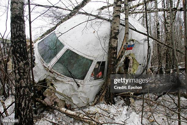 Air crash investigators and emergency personnel at the scene of a crashed Russian Tupolev TU-204 plane near Domodedovo airport on March 22, 2010 near...