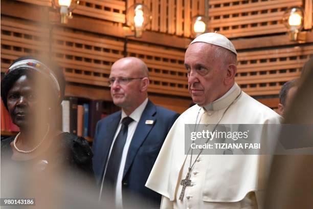 Pope Francis arrives on June 21, 2018 at the World Council of Churches on June 21, 2018 in Geneva during a one day pastoral trip.