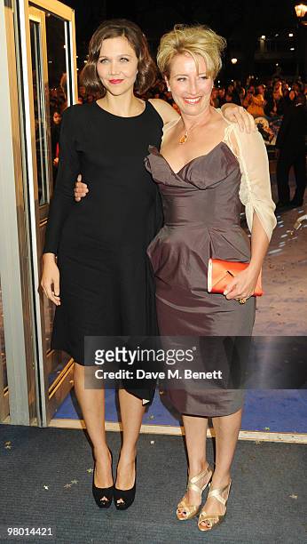 Maggie Gyllenhaal and Emma Thompson arrive at the 'Nanny McPhee And The Big Bang' world film premiere at the Odeon West End on March 24, 2010 in...