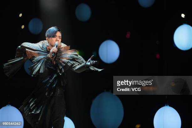 Singer Hins Cheung performs on the stage during his 'Hinsideout' live concert at Hong Kong Coliseum on June 19, 2018 in Hong Kong, China.
