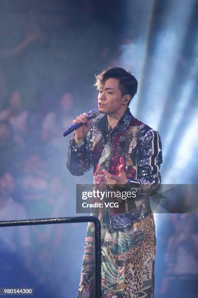 Singer Hins Cheung performs on the stage during his 'Hinsideout' live concert at Hong Kong Coliseum on June 19, 2018 in Hong Kong, China.