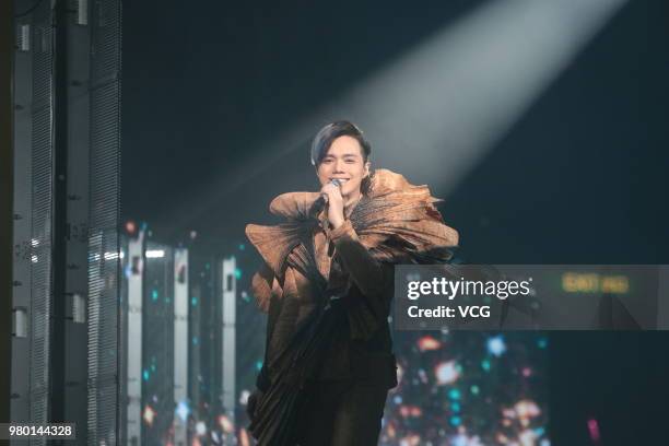 Singer Hins Cheung performs on the stage during his 'Hinsideout' live concert at Hong Kong Coliseum on June 19, 2018 in Hong Kong, China.