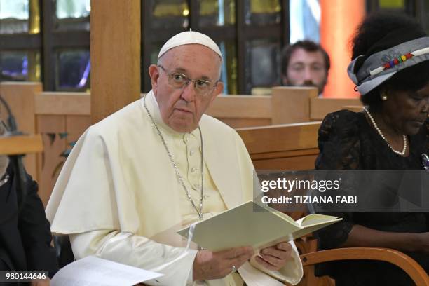 Pope Francis attends a private mass on June 21, 2018 at the World Council of Churches on June 21, 2018 in Geneva during a one day pastoral trip.