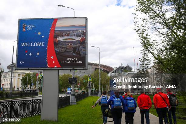 Russia FIFA World Cup 2018 Ekaterinburg branding is seen as volunteers and fans of. Peru walk to Ekaterinburg Arena prior to the 2018 FIFA World Cup...